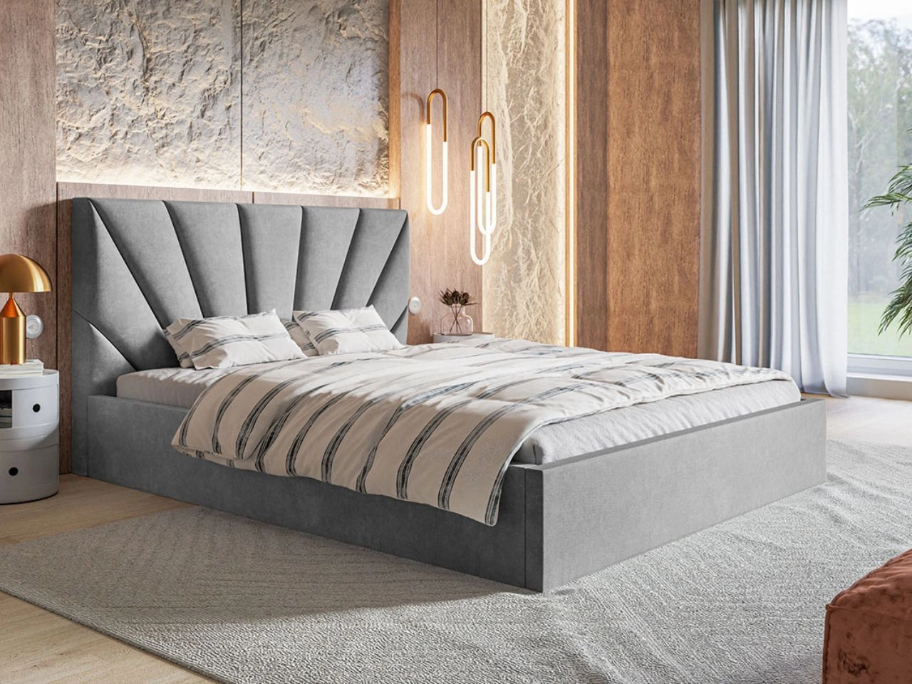 Łóżko tapicerowane z pojemnikiem i stelażem 180x200 Orlo jasnoszare