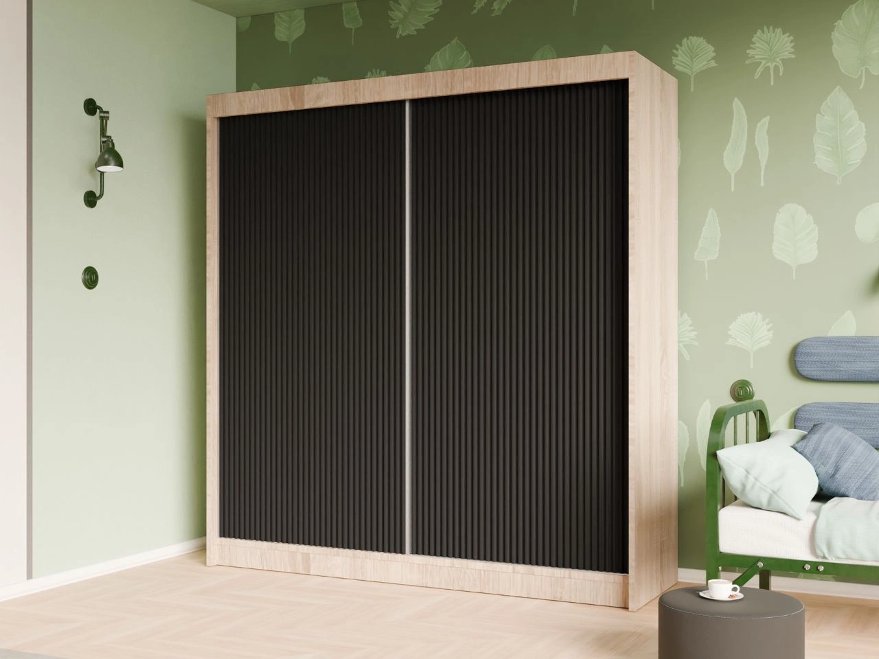 Szafa przesuwna z ryflowanym frontem 200 cm Fano Dąb Sonoma, Czarna