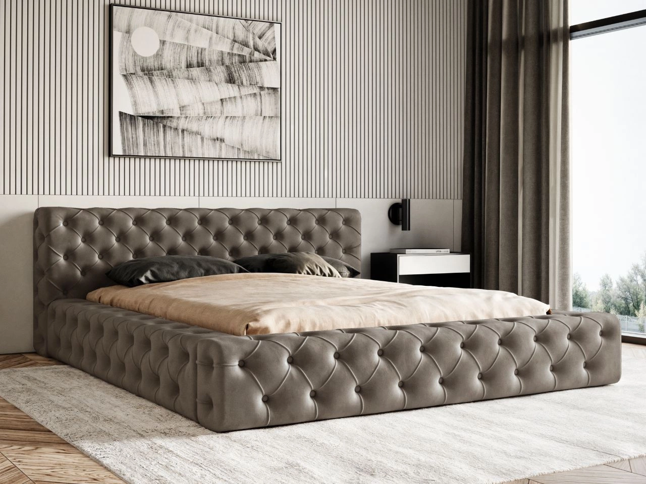 Łóżko tapicerowane z pojemnikiem i stelażem 180x200 cm Palini Brązowe