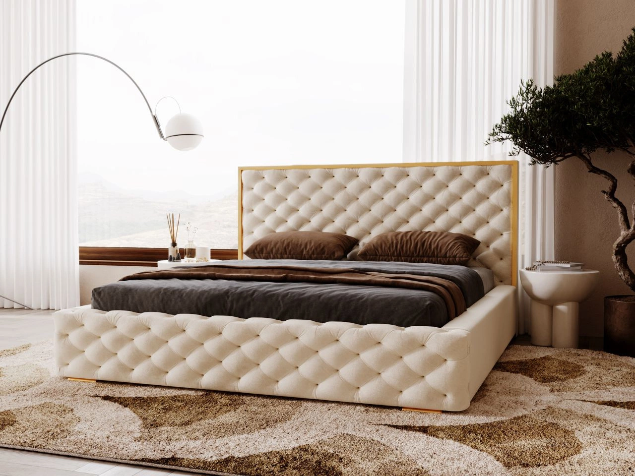 Łóżko tapicerowane z pojemnikiem i stelażem 180x200 Wave Beżowy