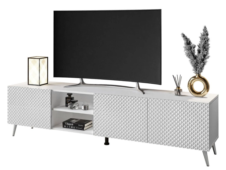 Szafka RTV z frezowanymi frontami 3D i metalowymi chromowanymi nóżkami Celiane biały połysk