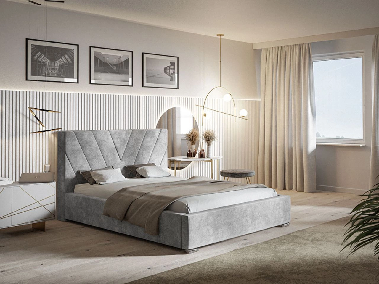 Łóżko tapicerowane z pojemnikiem i stelażem 120x200 Tivoli Jasnoszare