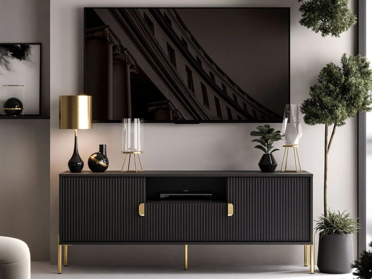 Szafka RTV dwudrzwiowa na złotych nogach z szufladą Orlean czarny mat
