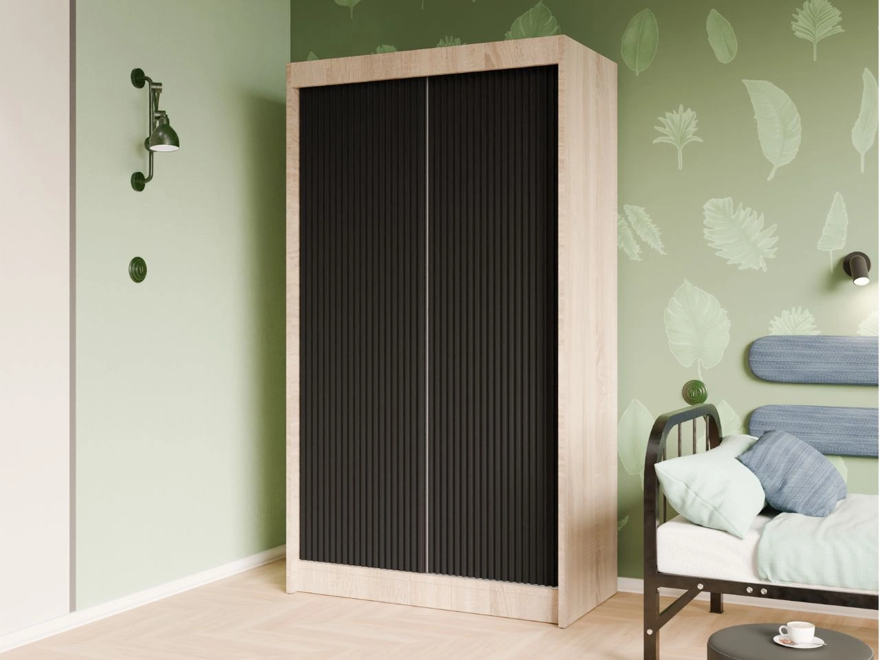 Szafa przesuwna z ryflowanym frontem 120 cm Fano Dąb Sonoma, Czarna