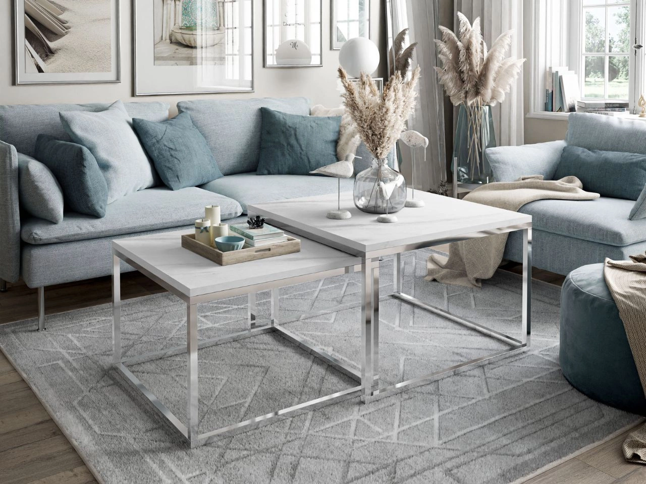 Stolik kawowy na chromowanym stelażu z imitacją białego marmuru Asumi 40x46