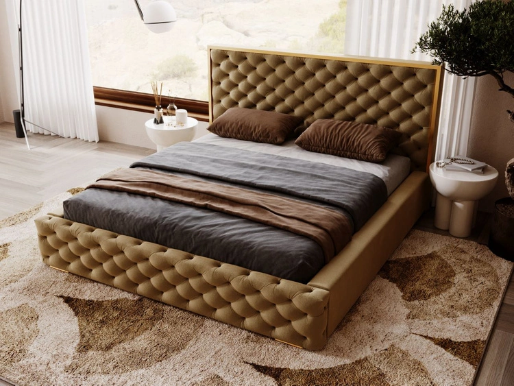 Łóżko tapicerowane z pojemnikiem i stelażem 200x200 Wave Brązowe