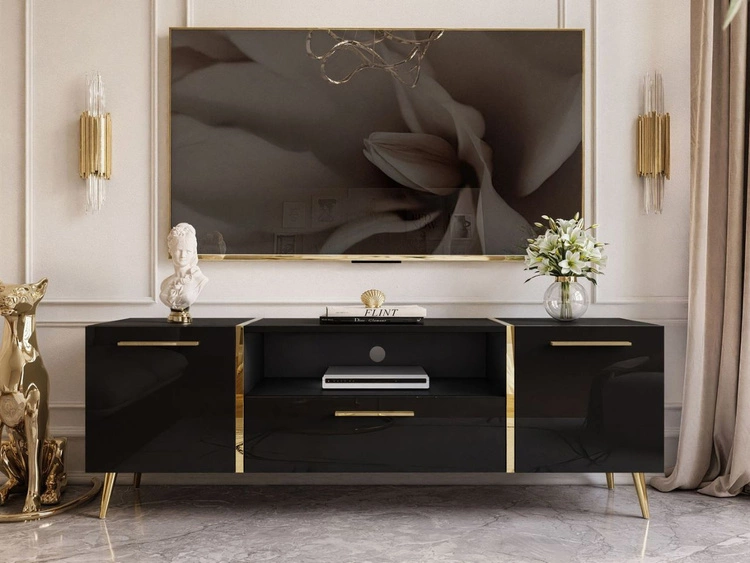 Szafka RTV w stylu glamour z szafkami i szufladą Lunelie czarny połysk