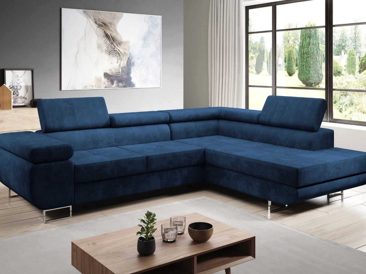 Narożnik prawy z funkcją spania i pojemnikiem Solam L Ciemny niebieski