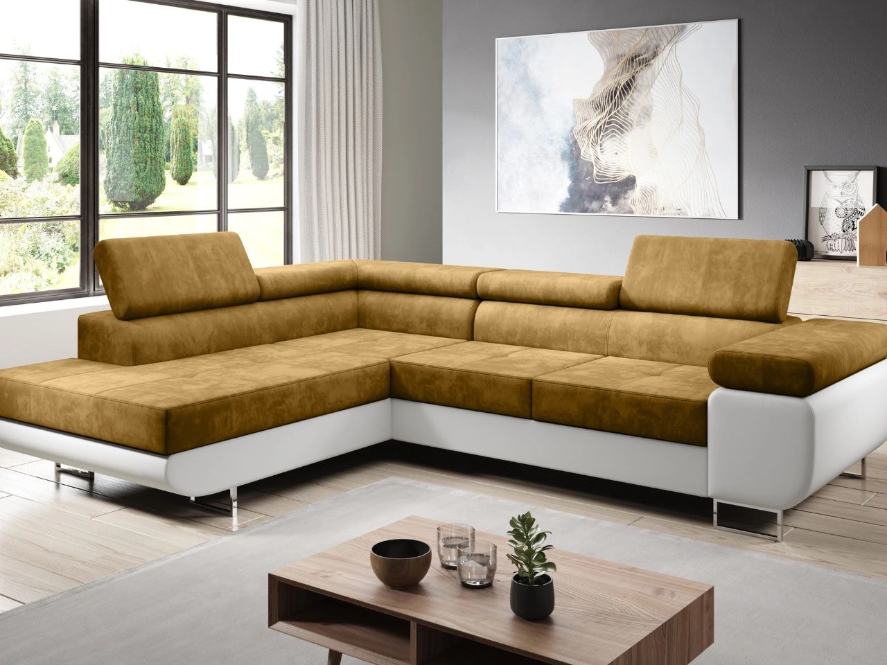 Narożnik lewy z funkcją spania i pojemnikiem Solam L Żółty, Biały