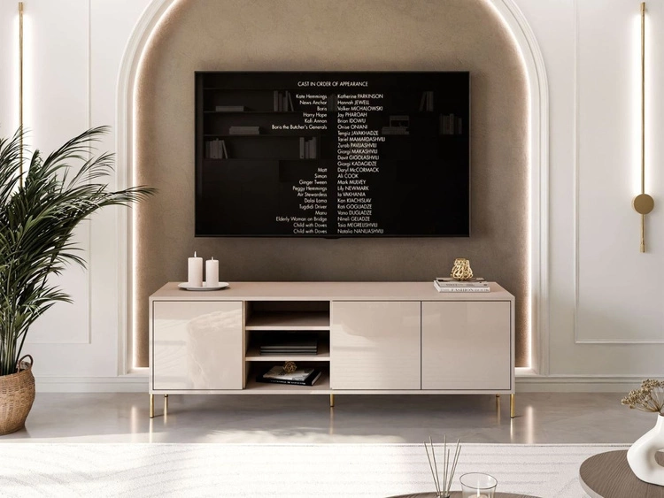 Szafka RTV glamour pod telewizor z drzwiczkami na złotych prostych nogach Vivance Kaszmir połysk