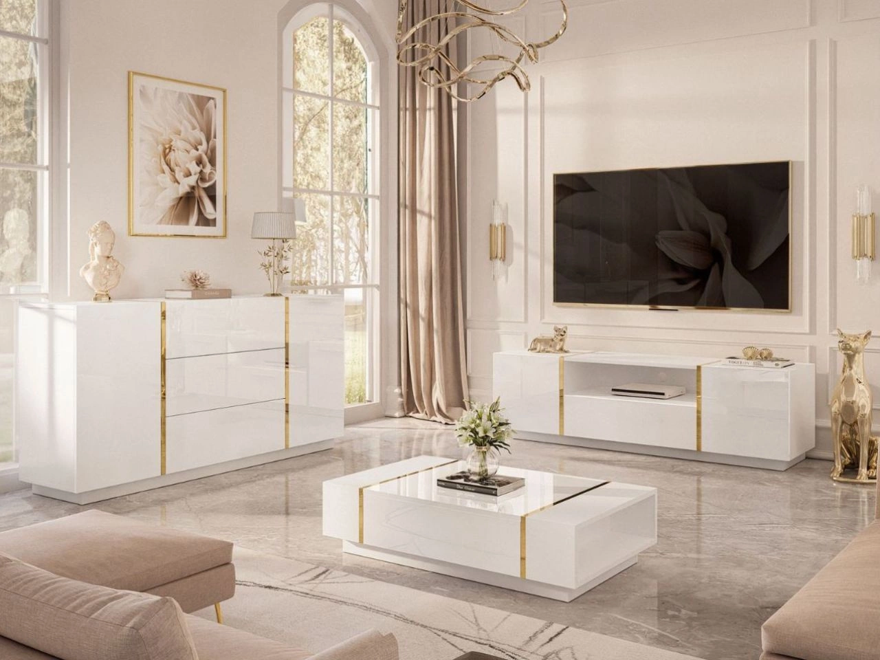 Zestaw mebli do salonu w stylu glamour Lunelie Biały połysk
