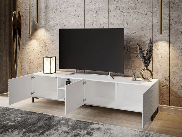 Szafka RTV z czarnymi prostymi nóżkami i frezowanymi frontami 3D Celiane biały połysk