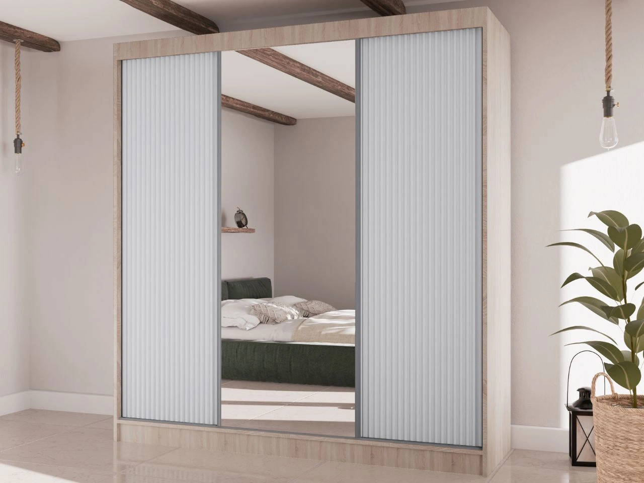 Szafa przesuwna z ryflowanym frontem i lustrem 200 cm Rivas Dąb Sonoma, Biała