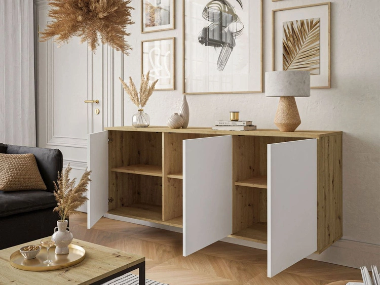 Trzydrzwiowa komoda 154 cm w stylu loft na białym stelażu Vivance biały mat i dąb artisan