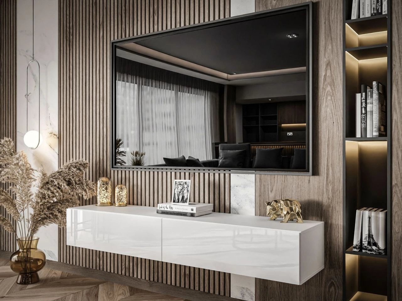 Szafka RTV dwudrzwiowa wisząca 175 cm z oświetleniem LED Sorelle Biały połysk