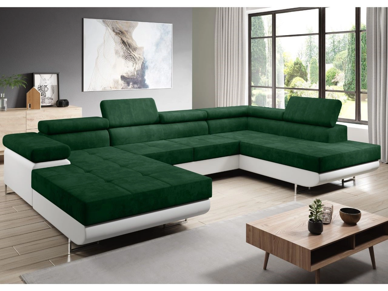 Narożnik U prawy z funkcją spania i pojemnikiem Solam U Zielony, Biały