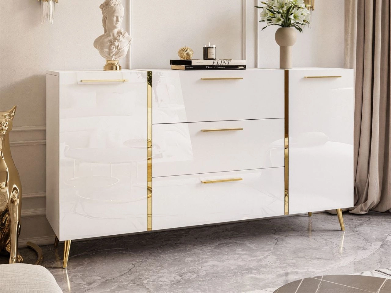 Dwudrzwiowa komoda 158 cm z trzema szufladami i złotymi uchwytami Lunelie biały połysk