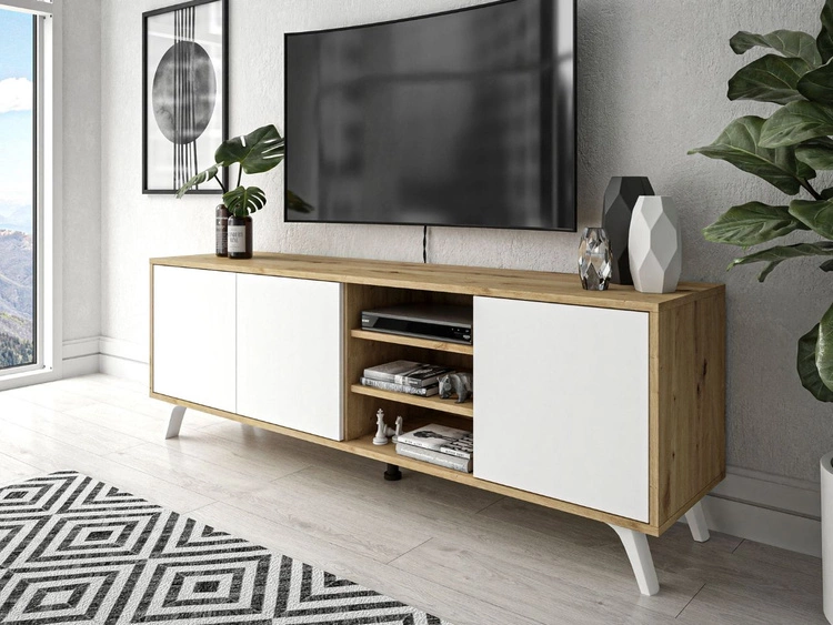 Szafka RTV pod telewizor z drzwiczkami i białymi nogami Vivance Biały i dąb artizan