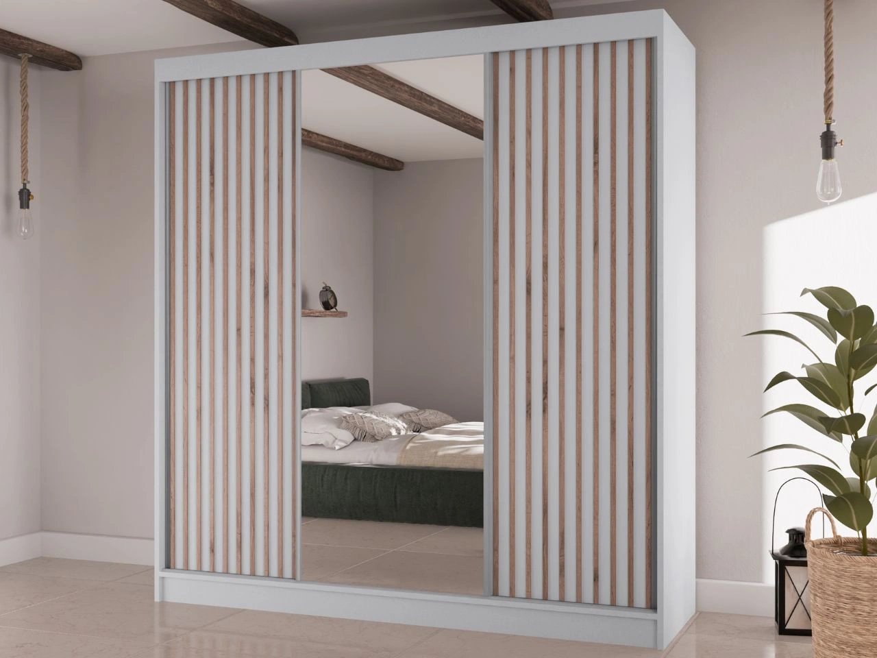 Szafa przesuwna z lamelami i lustrem 200 cm Lucena Biała