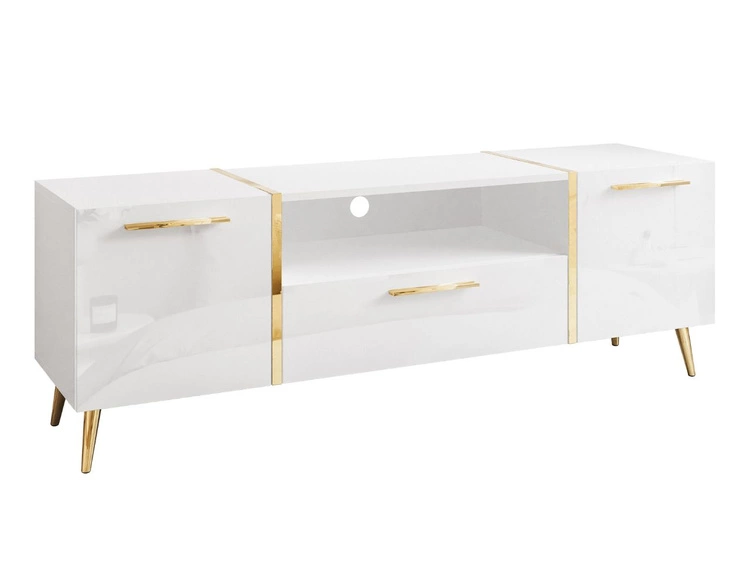 Szafka RTV w stylu glamour z szafkami i szufladą Lunelie biały połysk