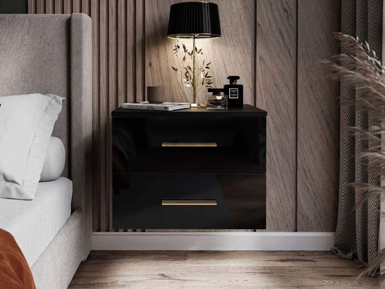 Podwieszany stolik nocny z dwoma szufladami Nuveo Czarny połysk