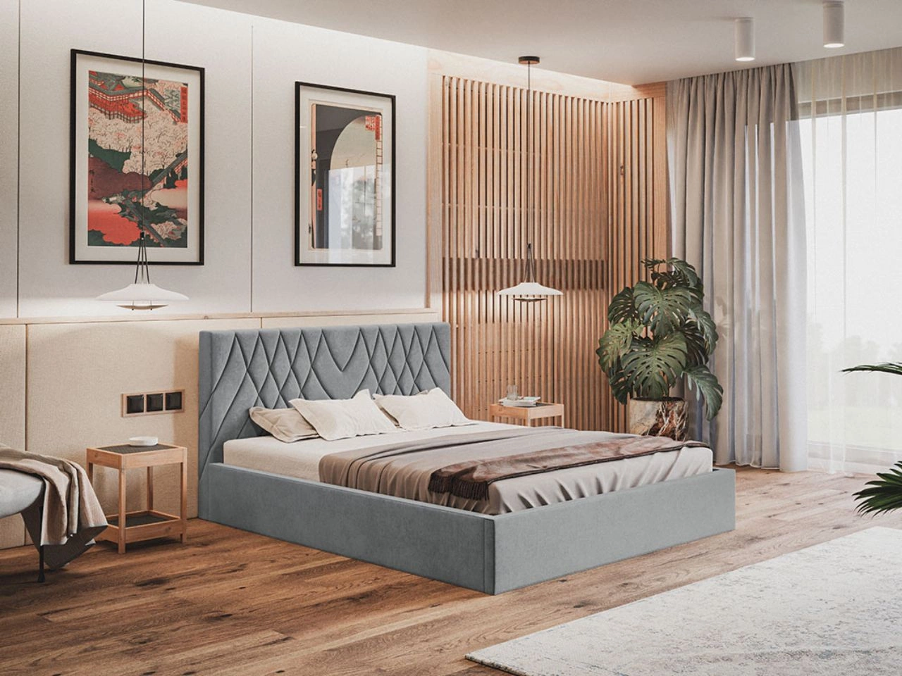 Łóżko tapicerowane z pojemnikiem i stelażem 160x200 Andri szary