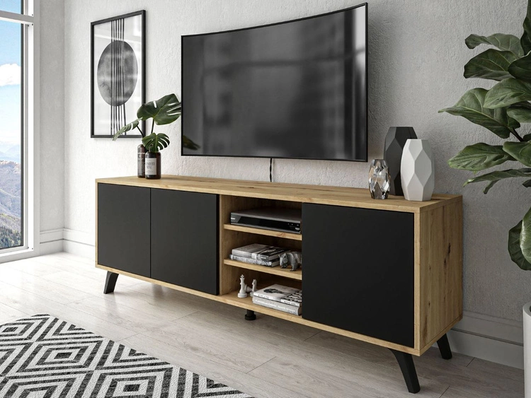 Szafka RTV pod telewizor z drzwiczkami i czarnymi nogami Vivance Czarny i dąb artizan