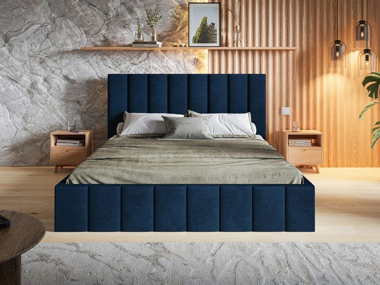 Łóżko tapicerowane z pojemnikiem i stelażem Siena 140x200 granatowy