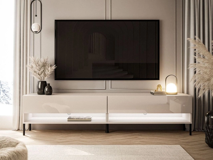 Szafka RTV do salonu 180 cm z czarnymi metalowymi nóżkami i oświetleniem LED Aurelie Kaszmir połysk