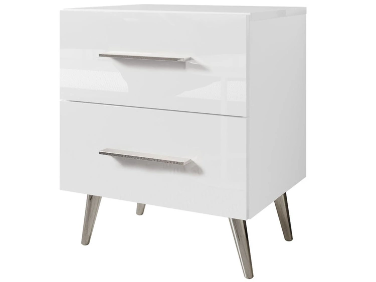 Stolik nocny z szufladami na srebrnych nogach Noaé Lux Biały połysk