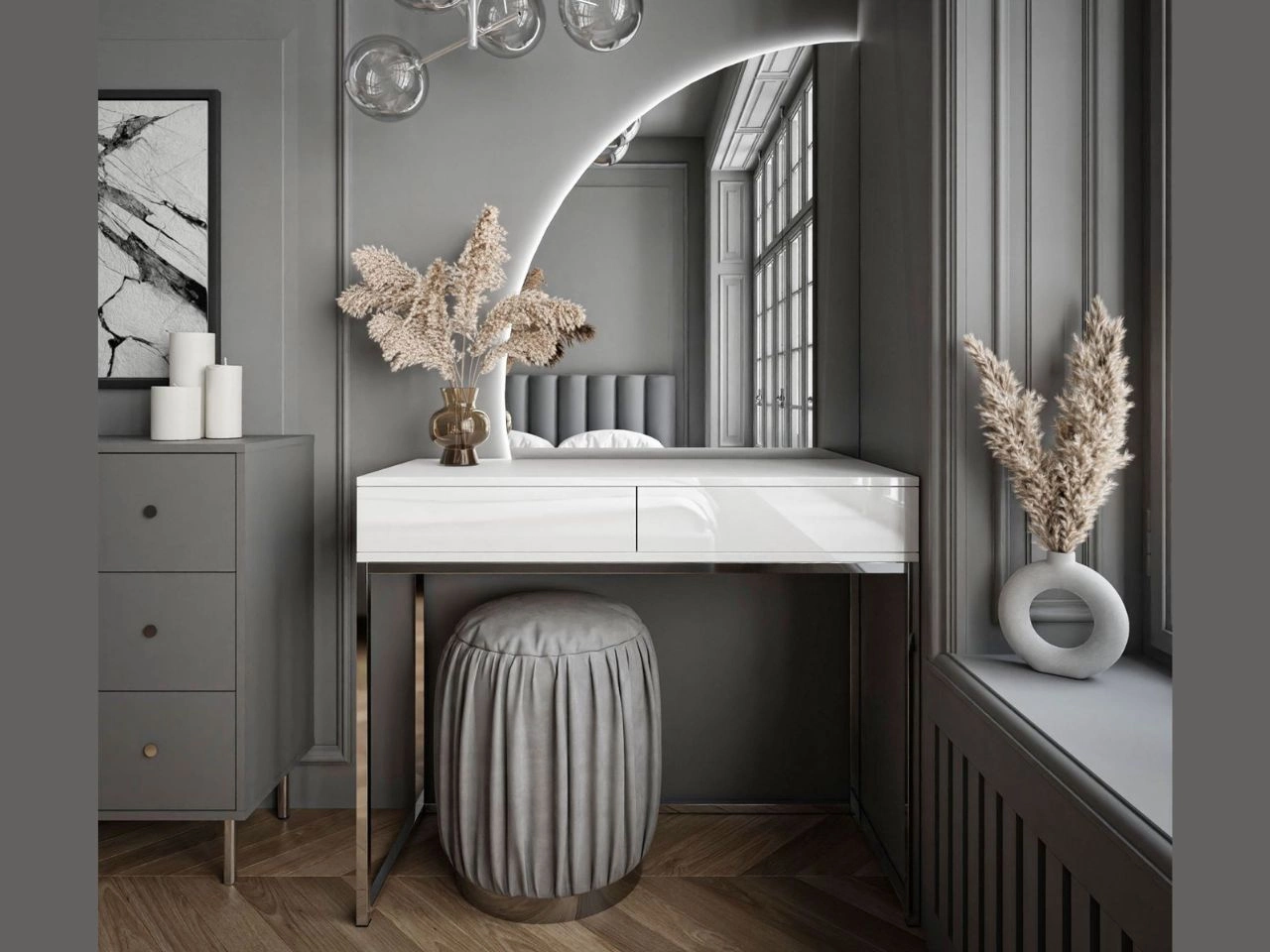 Toaletka kosmetyczna lewostronna z szufladami i oświetleniem LED na srebrnych nogach Clarette Biały połysk