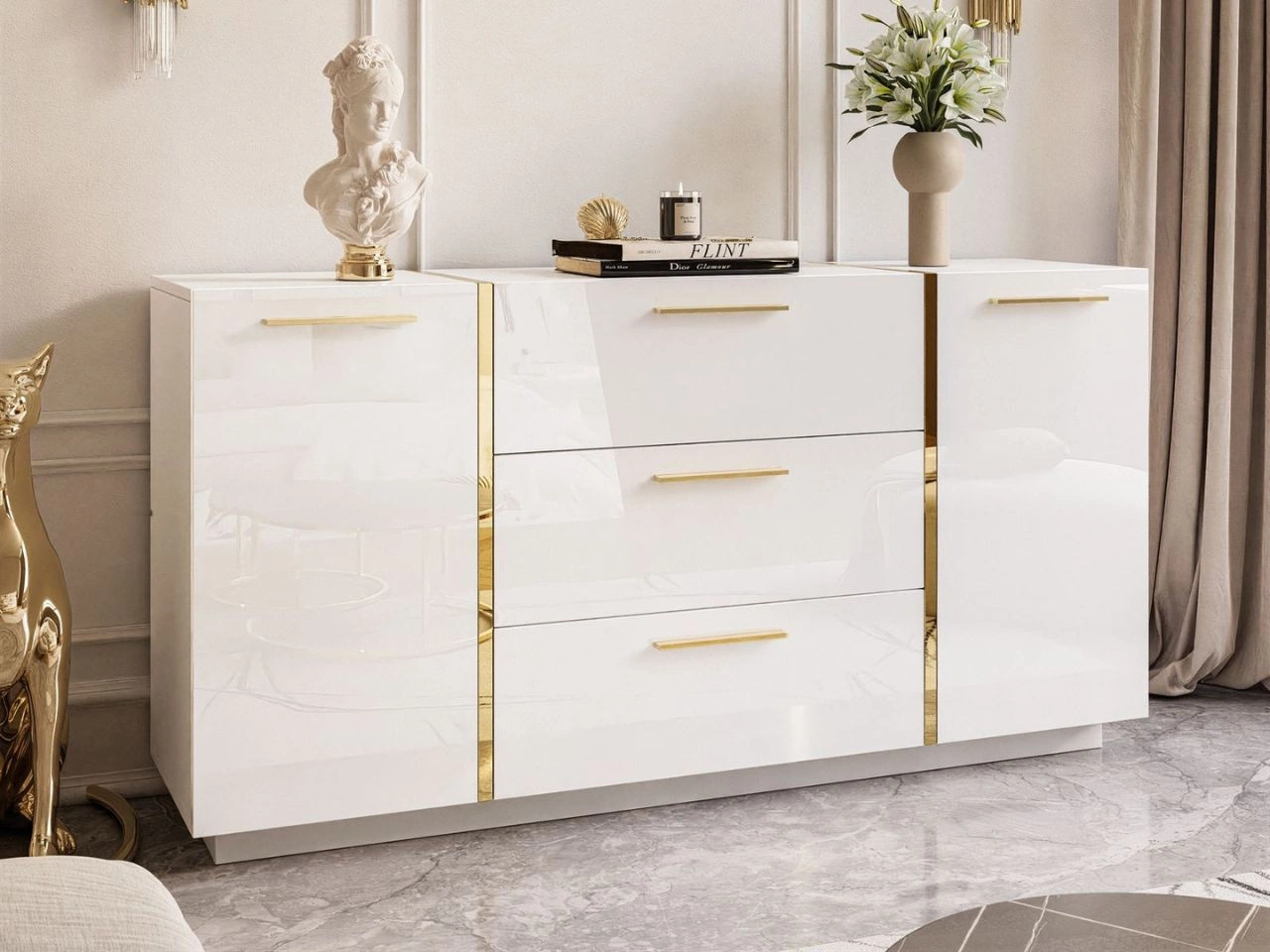 Dwudrzwiowa komoda 158 cm z trzema szufladami Lunelie biały połysk