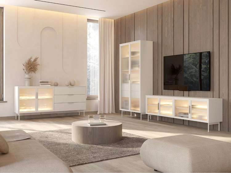 Witryna szklana z szufladami i oświetleniem LED Lumina Kaszmirowa