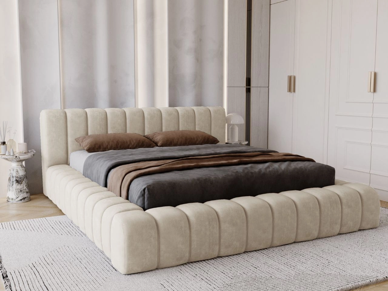 Łóżko tapicerowane z pojemnikiem na pościel i stelażem 120x200 Italia Beżowe