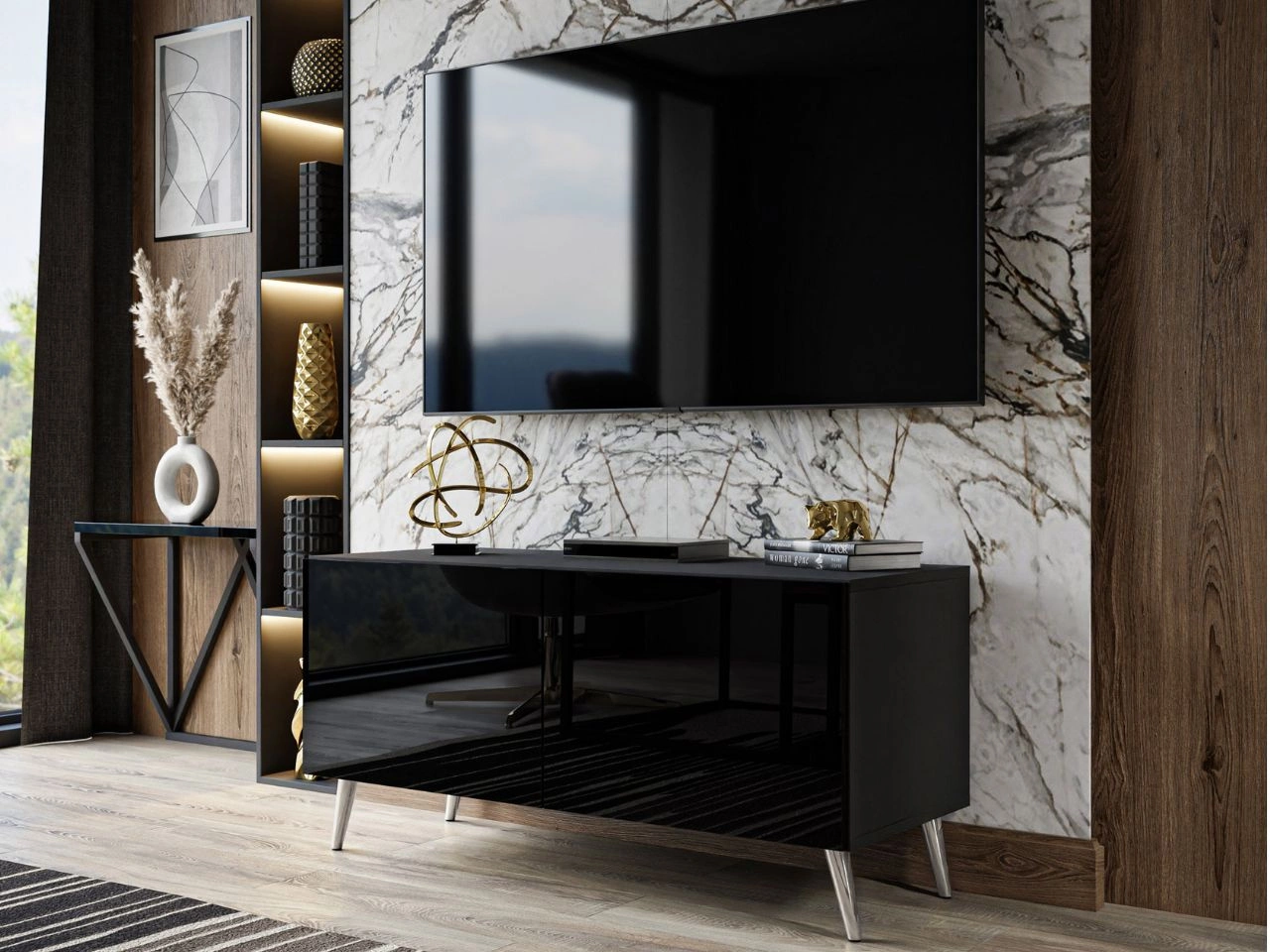 Szafka RTV pod telewizor z drzwiczkami na srebrnych nóżkach 100 cm Noaé Czarny połysk