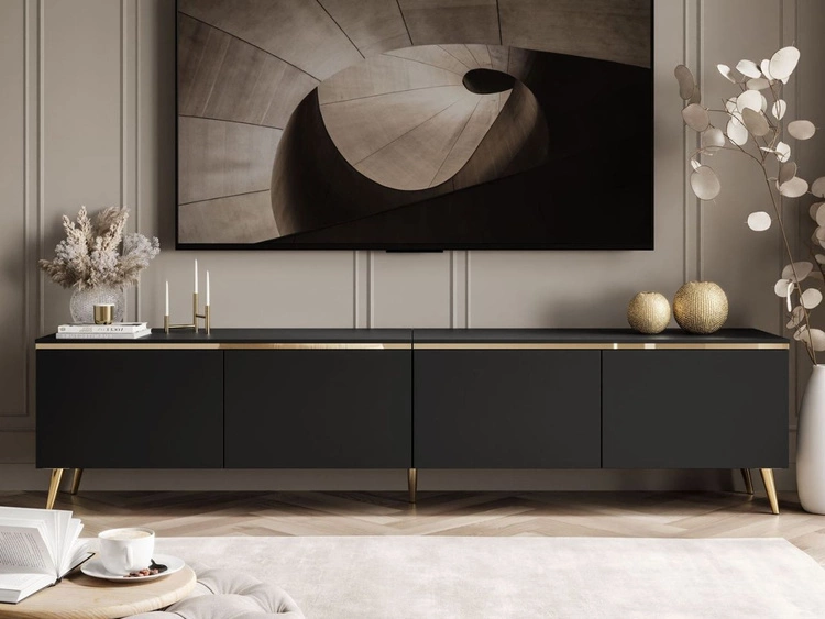 Szafka RTV czterodrzwiowa w stylu glamour z oświetleniem LED Celle czarny mat