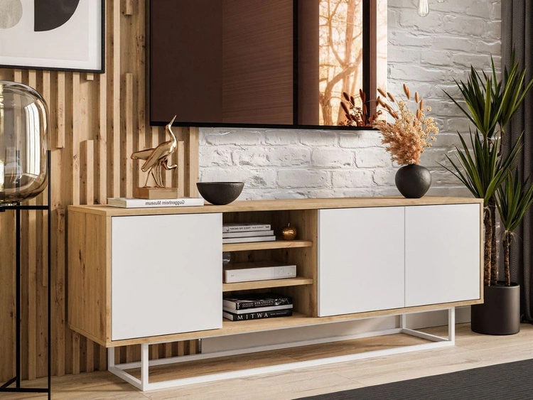 Szafka RTV pod telewizor z drzwiczkami i białym stelażem Vivance Biały i dąb artisan