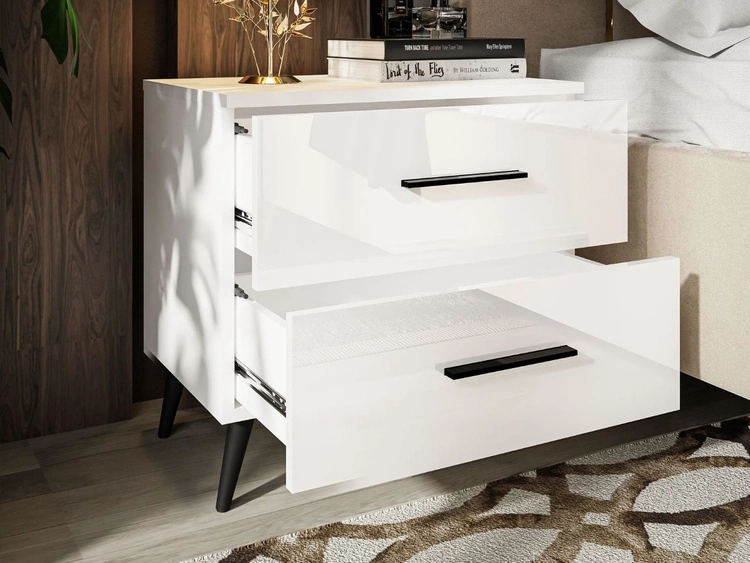 Stolik nocny z szufladami na czarnych nogach Nuveo Biały połysk