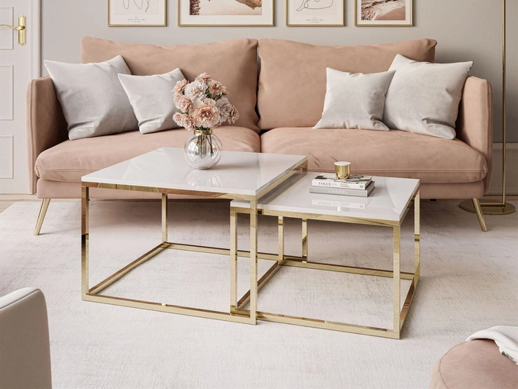 Stolik kawowy na złotym stelażu Asumi Biały Połysk 36x42