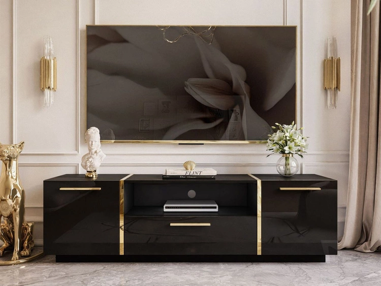 Szafka RTV w stylu glamour dwudrzwiowa z szufladą Lunelie czarny połysk