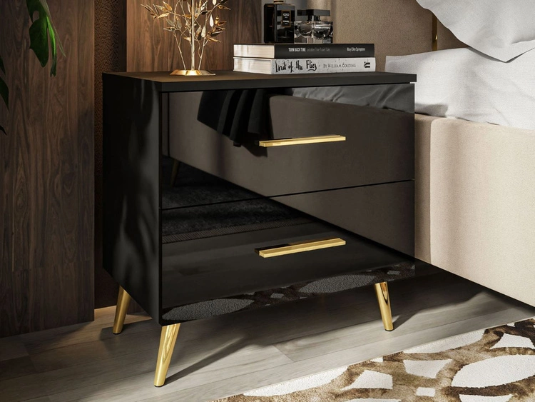 Stolik nocny z szufladami na złotych nogach Nuveo Czarny połysk