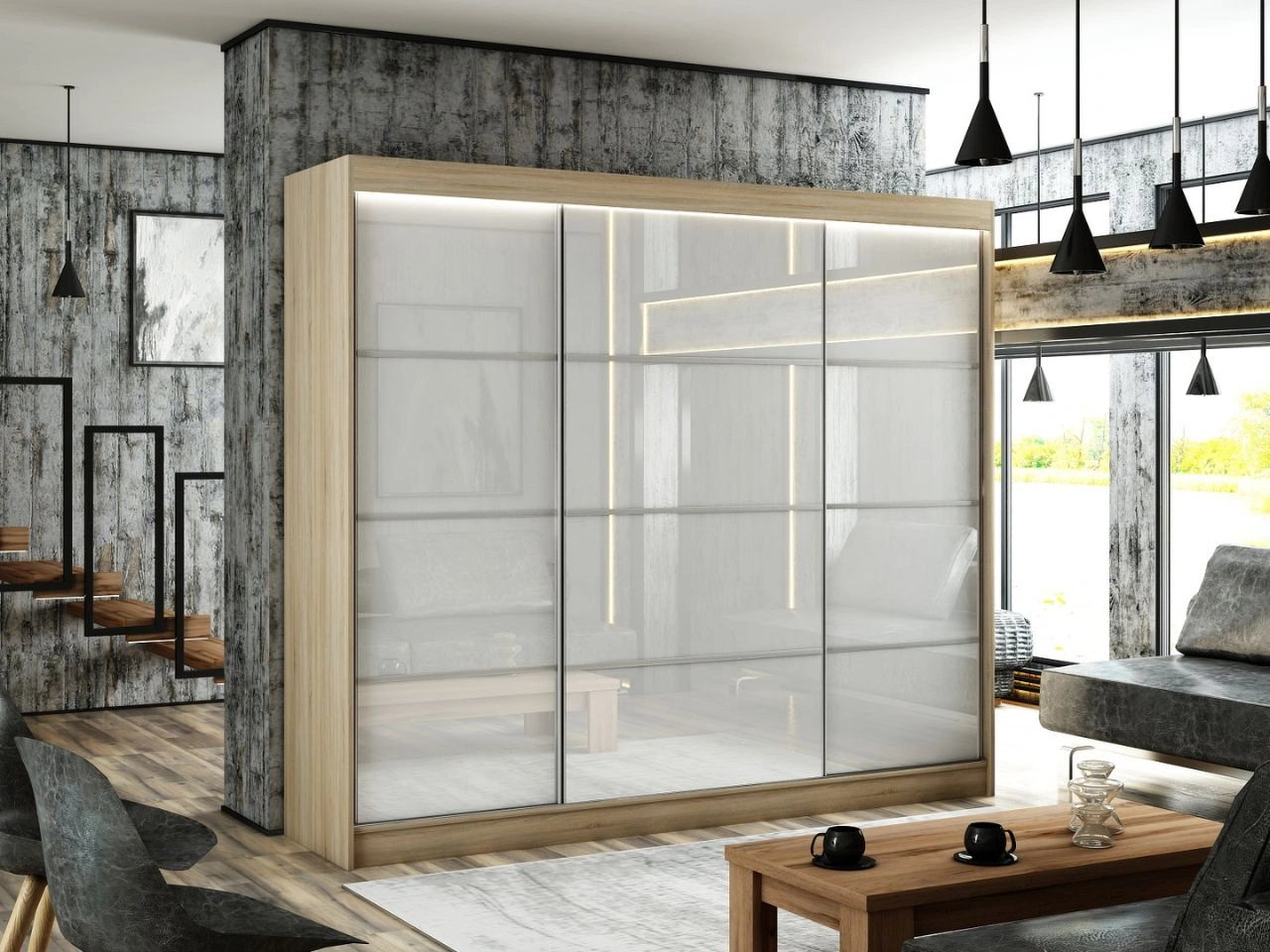 Szafa przesuwna ze szprosami 250 cm z oświetleniem LED Ponti Dąb Sonoma, Biała