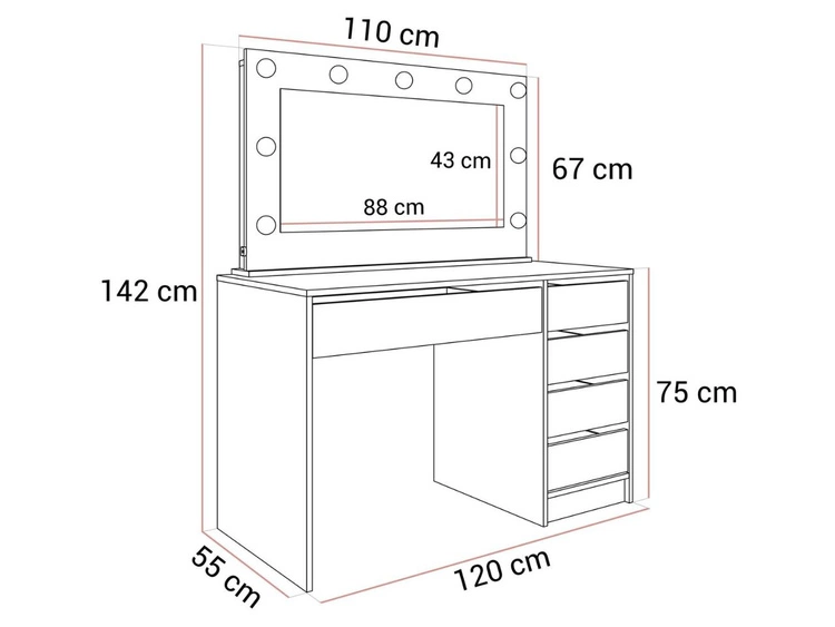 Toaletka glamour z lustrem, szufladami i oświetleniem LED Melo biały połysk