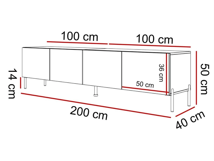 Szafka RTV pod telewizor z drzwiczkami na złotych nóżkach 200 cm Nodoo Beton