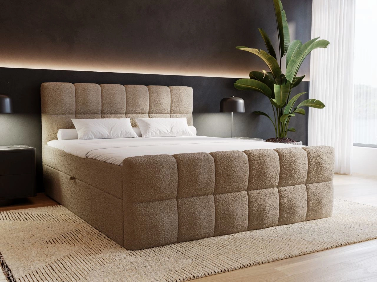 Łóżko kontynentalne z pojemnikiem na pościel 160x200 Alicante w tkaninie bouclé Brązowe
