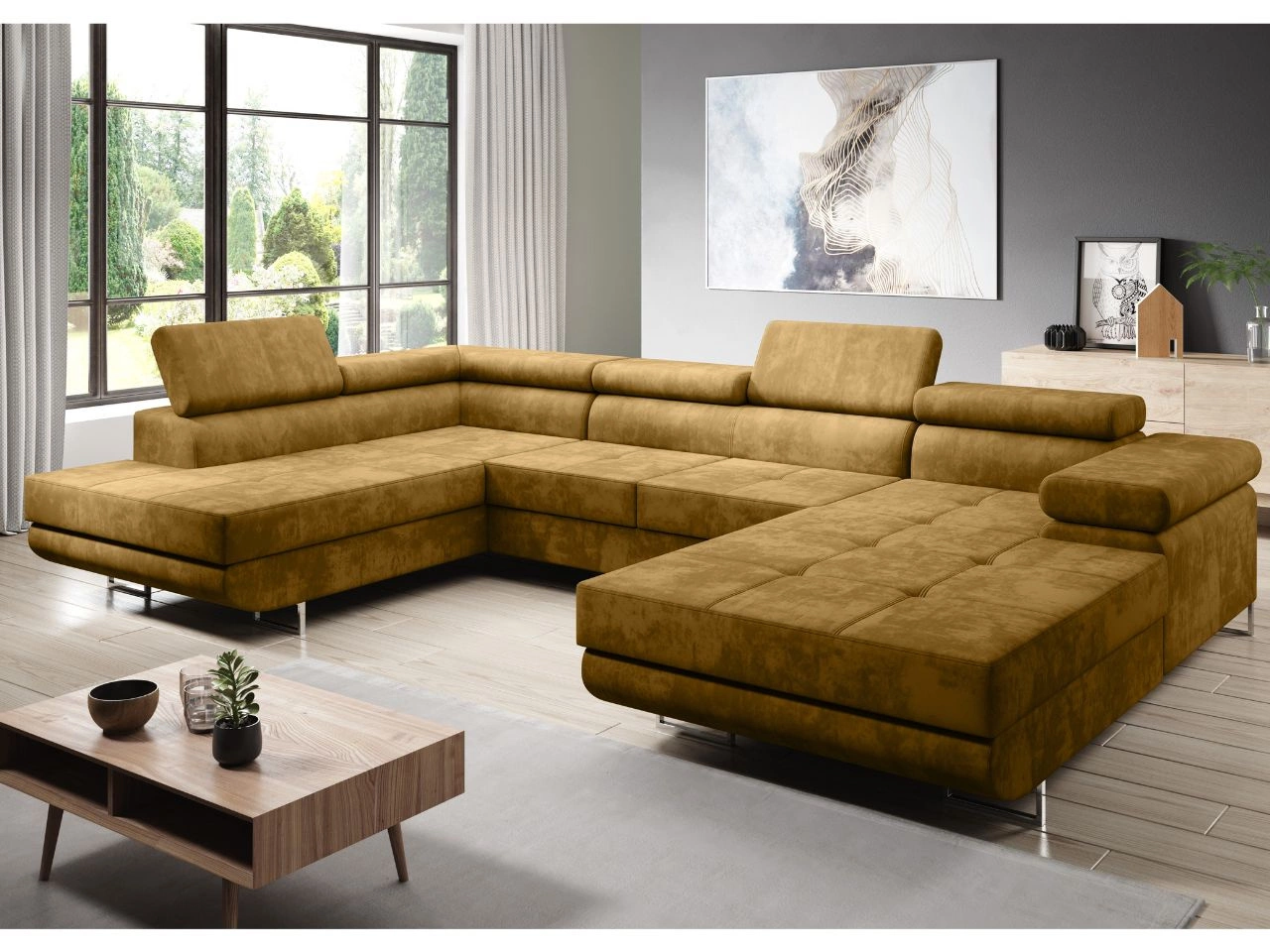 Narożnik U lewy z funkcją spania i pojemnikiem Solam U Żółty