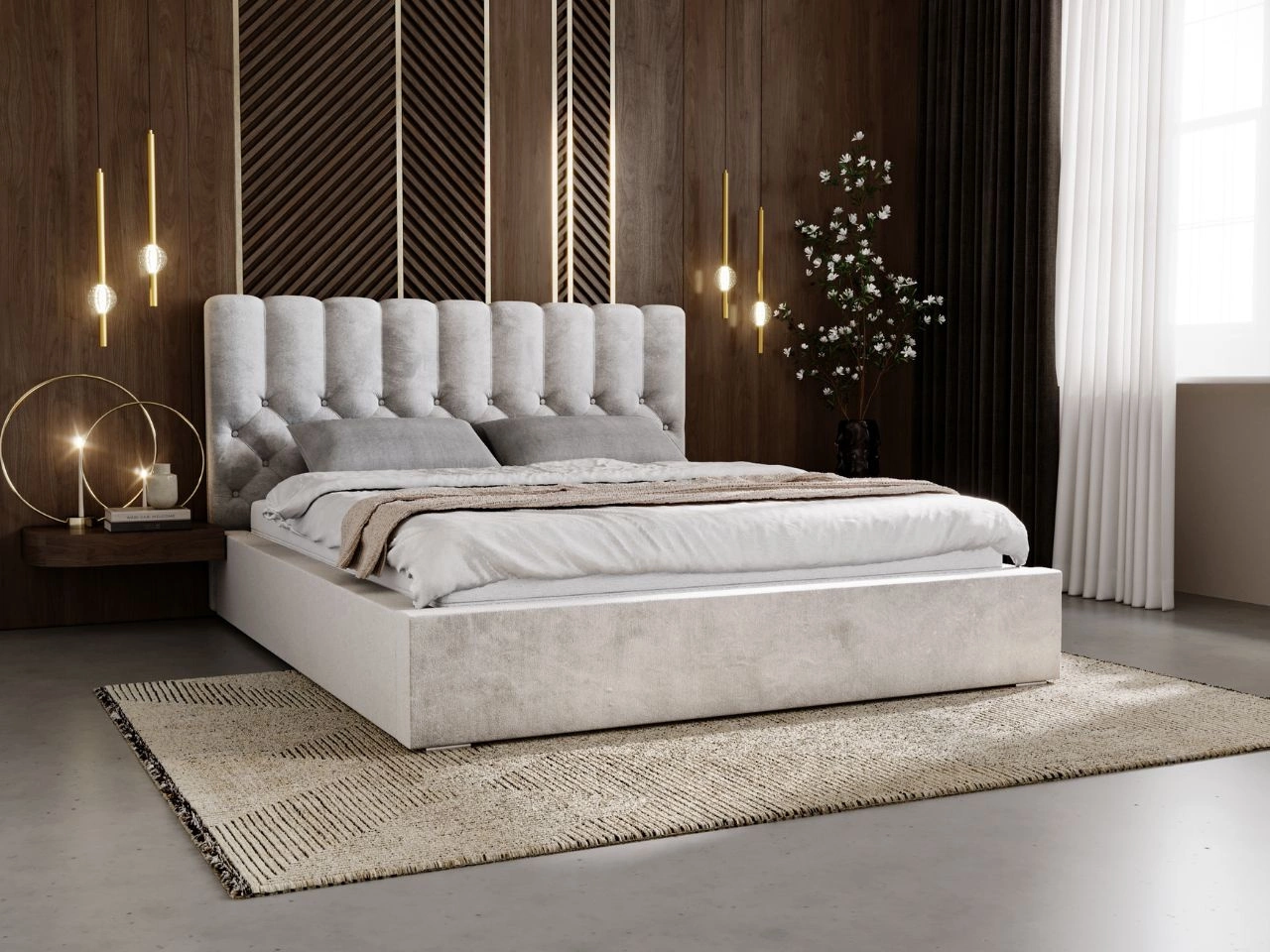 Łóżko tapicerowane z pojemnikiem i stelażem 140x200 cm Roma Jasnoszare