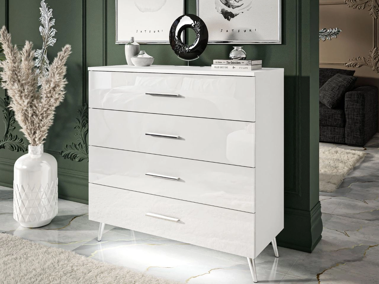 Komoda z czterema szufladami i oświetleniem LED na srebrnych nóżkach Nuveo Biały połysk