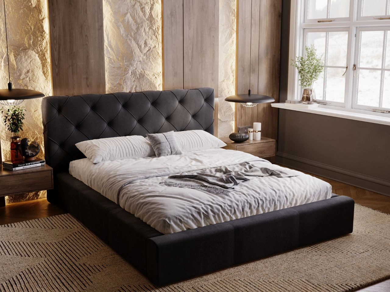 Łóżko tapicerowane z pojemnikiem i stelażem 200x200 Milano Antracytowe