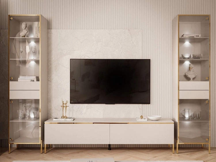 Zestaw mebli do salonu z dwiema witrynami i oświetleniem LED w stylu glamour Evare Kaszmir